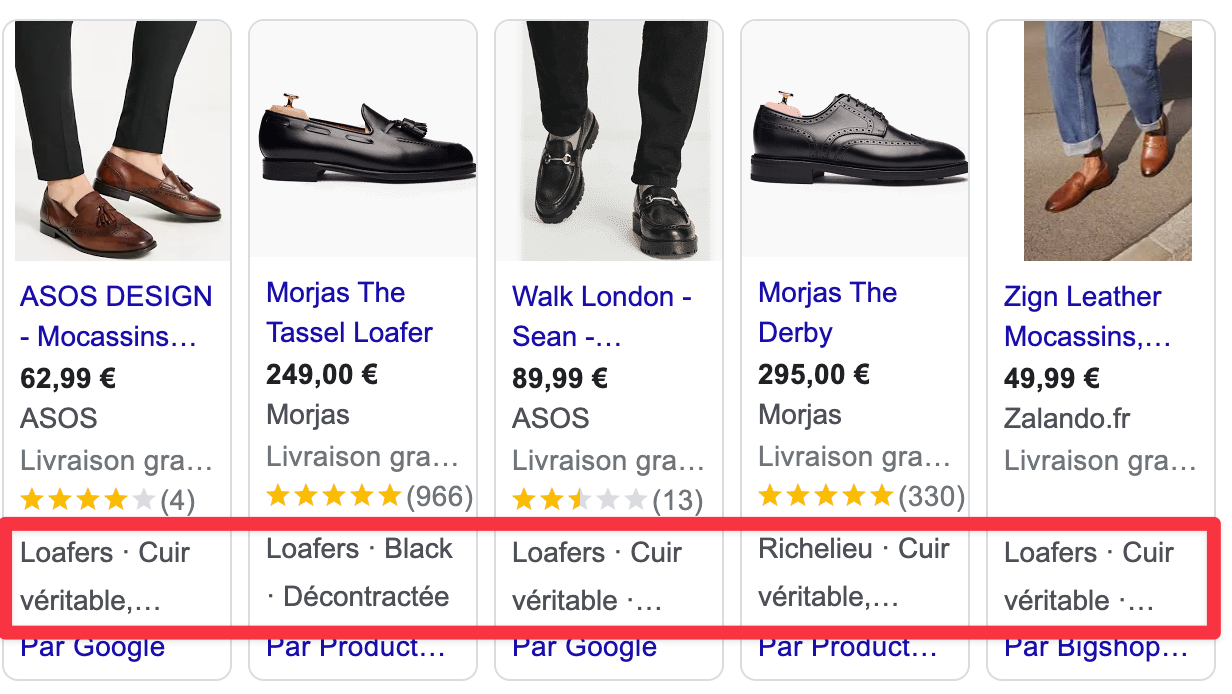 Illustration des product highlight dans Google Shopping